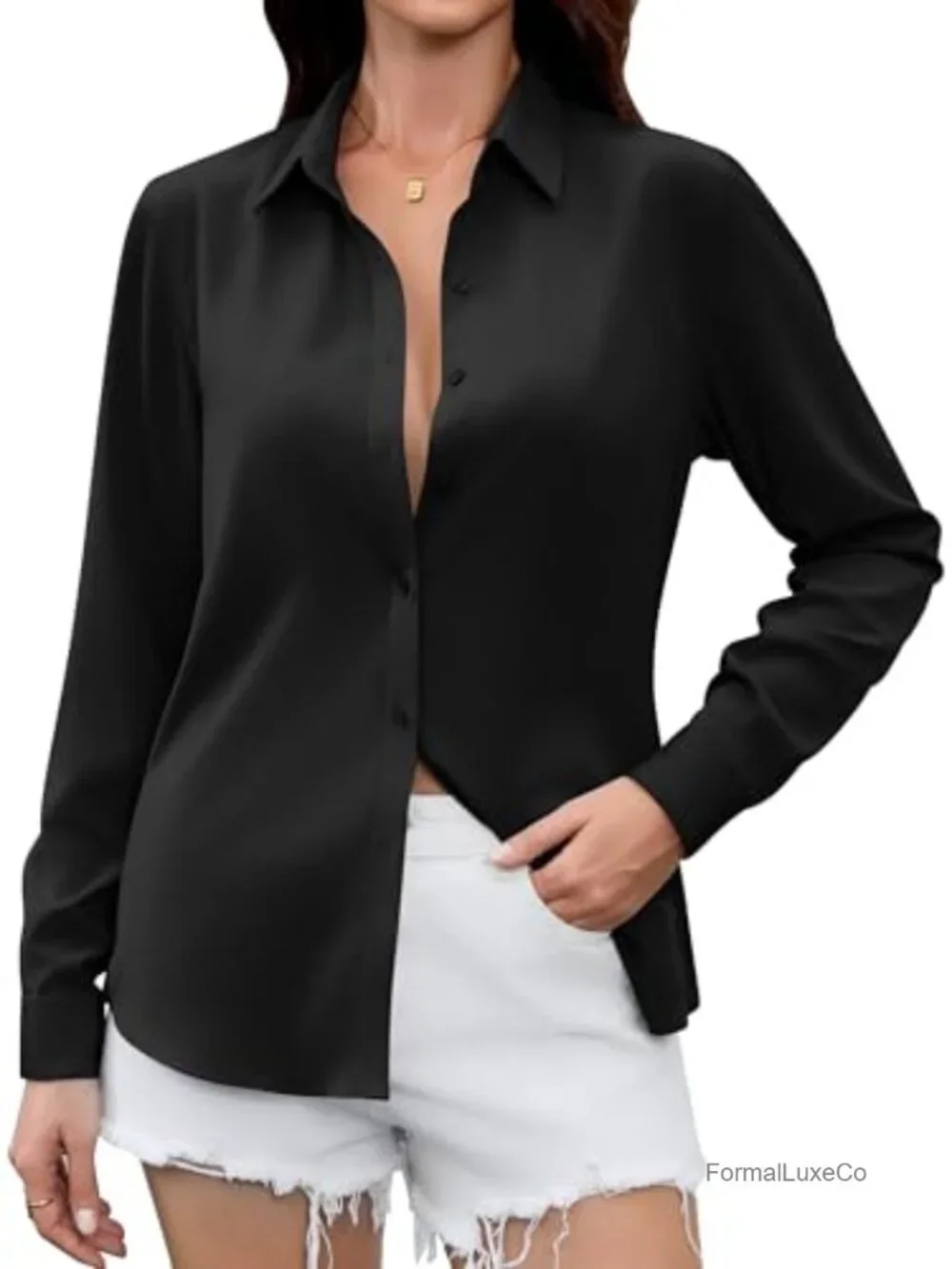 Satin Silk Button Down Shirt Long Sleeve Blouse Work Casual Top